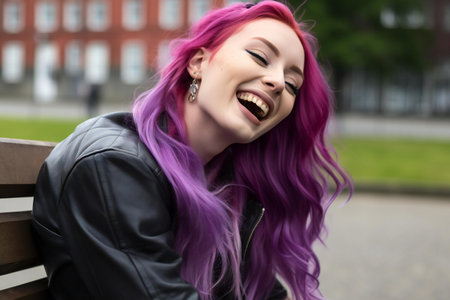 portrait of a beautiful girl with purple hair in a leather jacketの素材