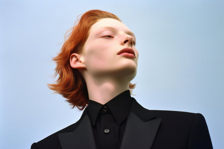Red-haired mannequin in black suit on blue background.の素材