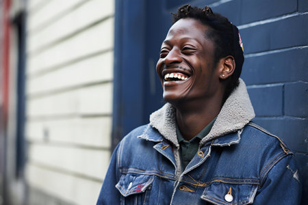 Portrait of a smiling african american man in denim jacketの素材