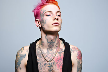 Portrait of a handsome young man with pink hair and tattoos.の素材