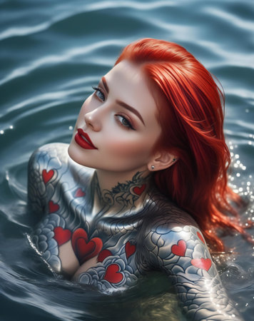 Beautiful girl with red hair and tattoo on her body in the waterの素材