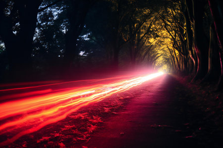 Car light trails on the road in the forest at night. Long exposureの素材