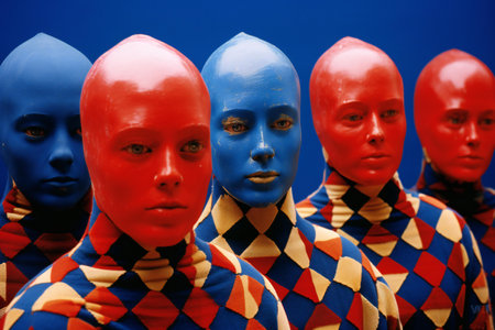Closeup of a group of red and blue plastic masks on a blue backgroundの素材