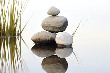 Pile of stones on the water with reflection in the lake.の素材