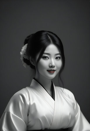 Portrait of a beautiful asian kimono woman in the studioの素材