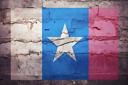 National flag of Liberia on old brick wall background. Vintage style.の素材