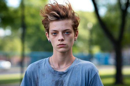 Portrait of a teenage boy with freckles on his faceの素材