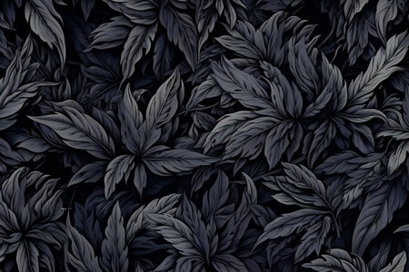 Seamless pattern of black leaves on a dark background.の素材