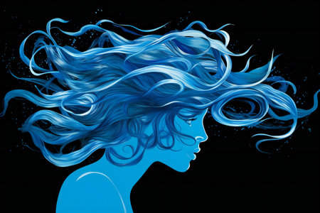 Illustration of a beautiful woman with blue hair on a black backgroundの素材