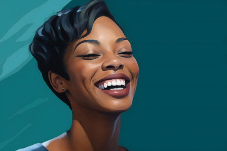 Portrait of a beautiful african american woman laughing against blue backgroundの素材
