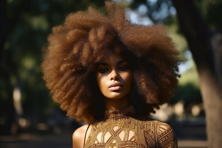 Beautiful african american woman with afro hairstyle in the park.の素材