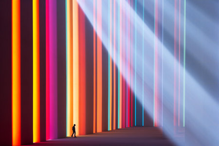 Man standing in front of a colored strip of light. Abstract backgroundの素材