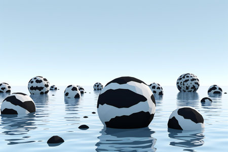 black and white spheres in water with blue sky backgroundの素材