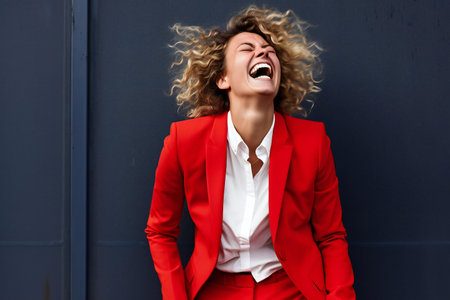 Portrait of a happy young businesswoman in red suit laughing with closed eyesの素材