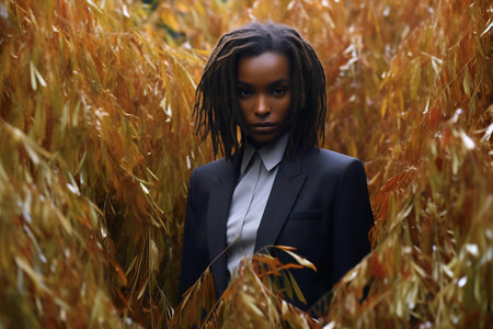 African american man with dreadlocks in the autumn forest. Fashion shot.の素材