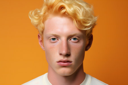 Portrait of a young man with blond hair on a orange backgroundの素材