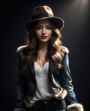 Portrait of a beautiful young woman in a hat and jacket.の素材