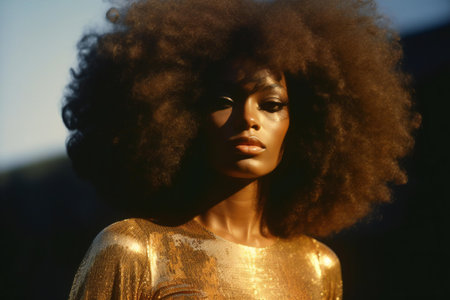 beautiful african american woman with afro hairstyle in gold dressの素材
