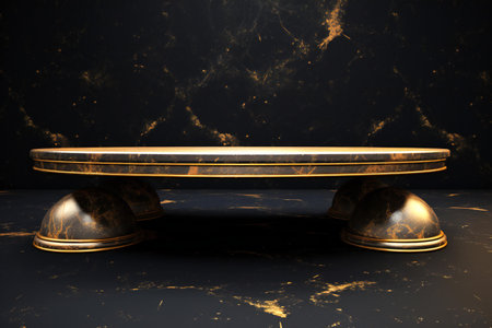 a golden table on a black marble background.の素材