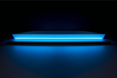 Neon blue podium on a dark background.の素材