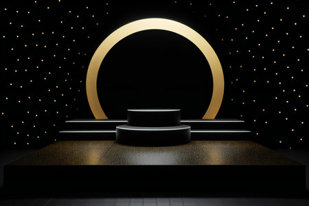Black podium with gold circle and golden lights.の素材