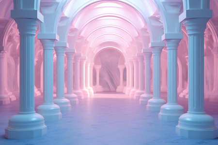 illustration of a corridor with columns and arches in pink and blueの素材