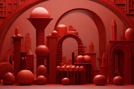 illustration of fantasy city landscape in red color. Minimal style.の素材