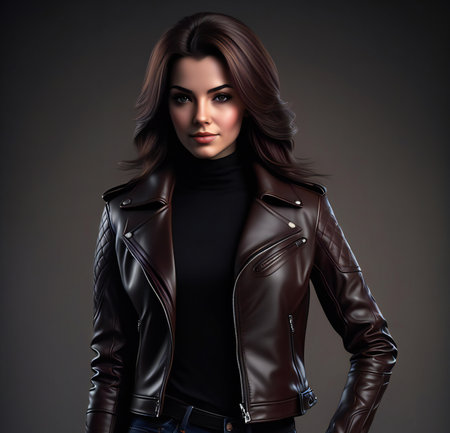 Portrait of a beautiful brunette woman in a leather jacket.の素材