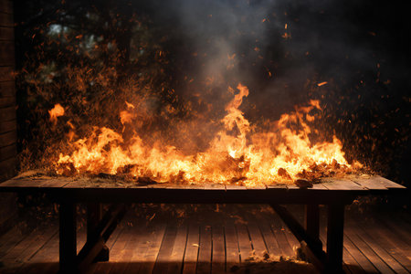 Wooden table with burning fire on dark background. Selective focusの素材