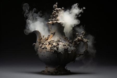 Ancient vase with smoke on a black background.の素材