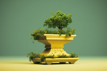 Yellow bonsai on a green background.の素材