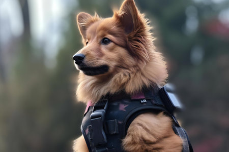 Red Shetland Sheepdog with a backpack in the park.の素材