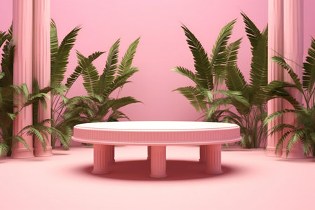 minimal display podium for product presentation in minimal style with palm leavesの素材