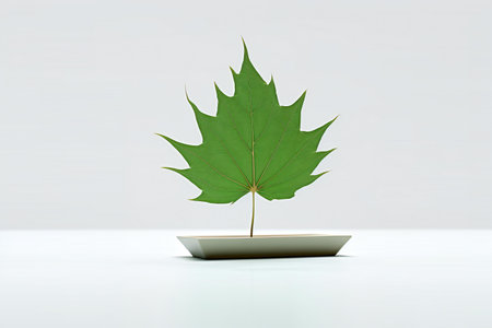 a green maple leaf on a white background.の素材
