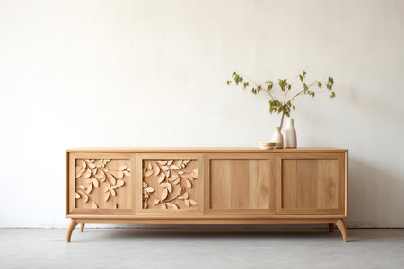 Wooden cabinet in living room interior with plant in vase.の素材