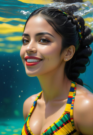 Portrait of a beautiful asian woman in swimsuit posing underwaterの素材