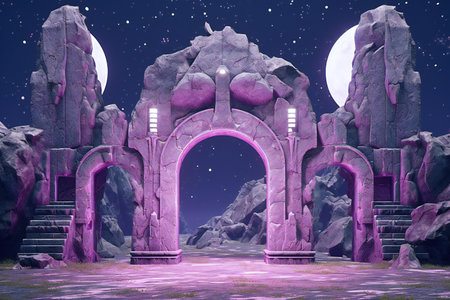 Fantasy landscape with stone arch entrance to the night sky and full moonの素材