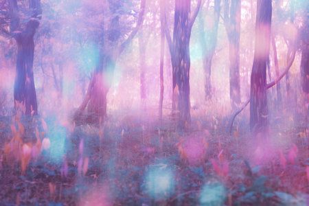 Autumn forest in pink and purple colors. Blurred abstract backgroundの素材