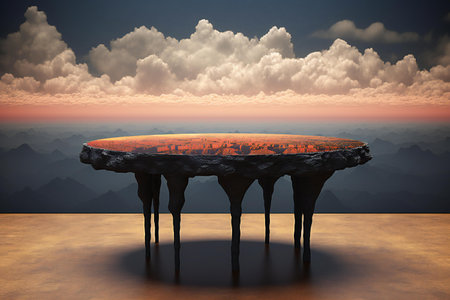Wooden table against clouds and sky in a surreal landscapeの素材