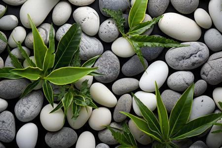 White pebbles with green leaves and plant on black background.の素材