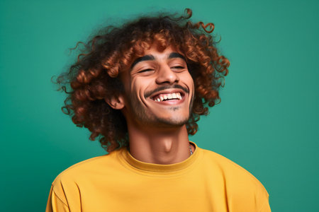 Cheerful african american man with curly hair on color backgroundの素材