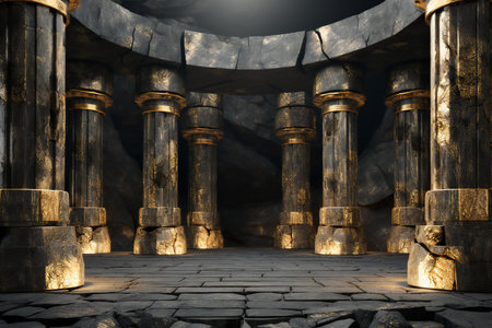 an ancient temple with columns and a black backgroundの素材