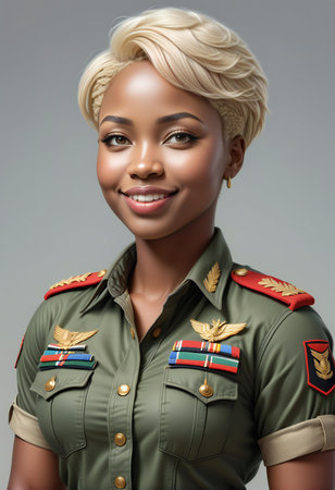 Beautiful young African American woman in military uniform. Studio shot.の素材