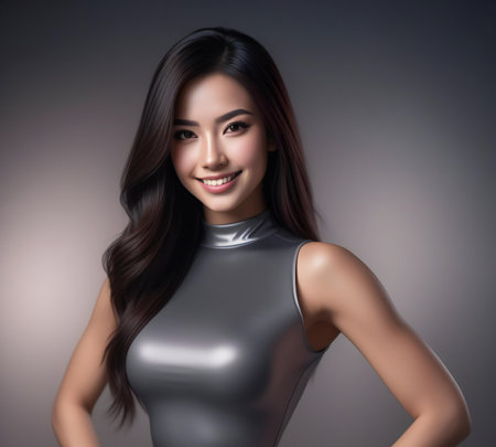 Beautiful asian woman with long hair and silver latex dress.の素材