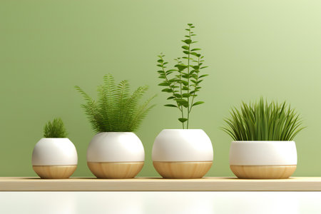 three vases with plants on the shelf.の素材