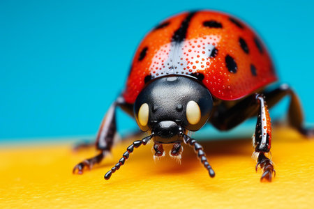 Close up of ladybug on colorful background. Macro photography of insect.の素材