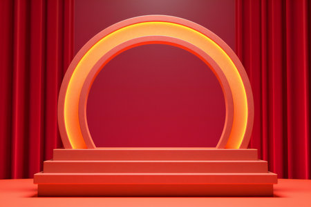 Stage podium with lighting, Stage Podium Scene with for Award Ceremony on red curtain background.の素材