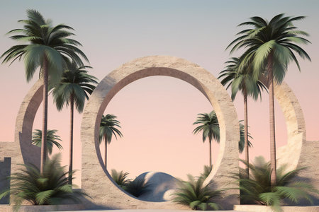 Palm trees in desert at sunset.の素材