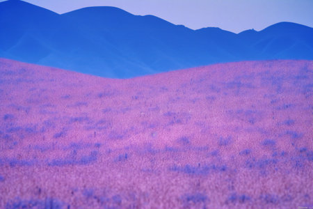 Lavender field and mountains in the background, closeup of photoの素材