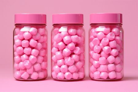 Pink candies in glass jars on a pink background.の素材